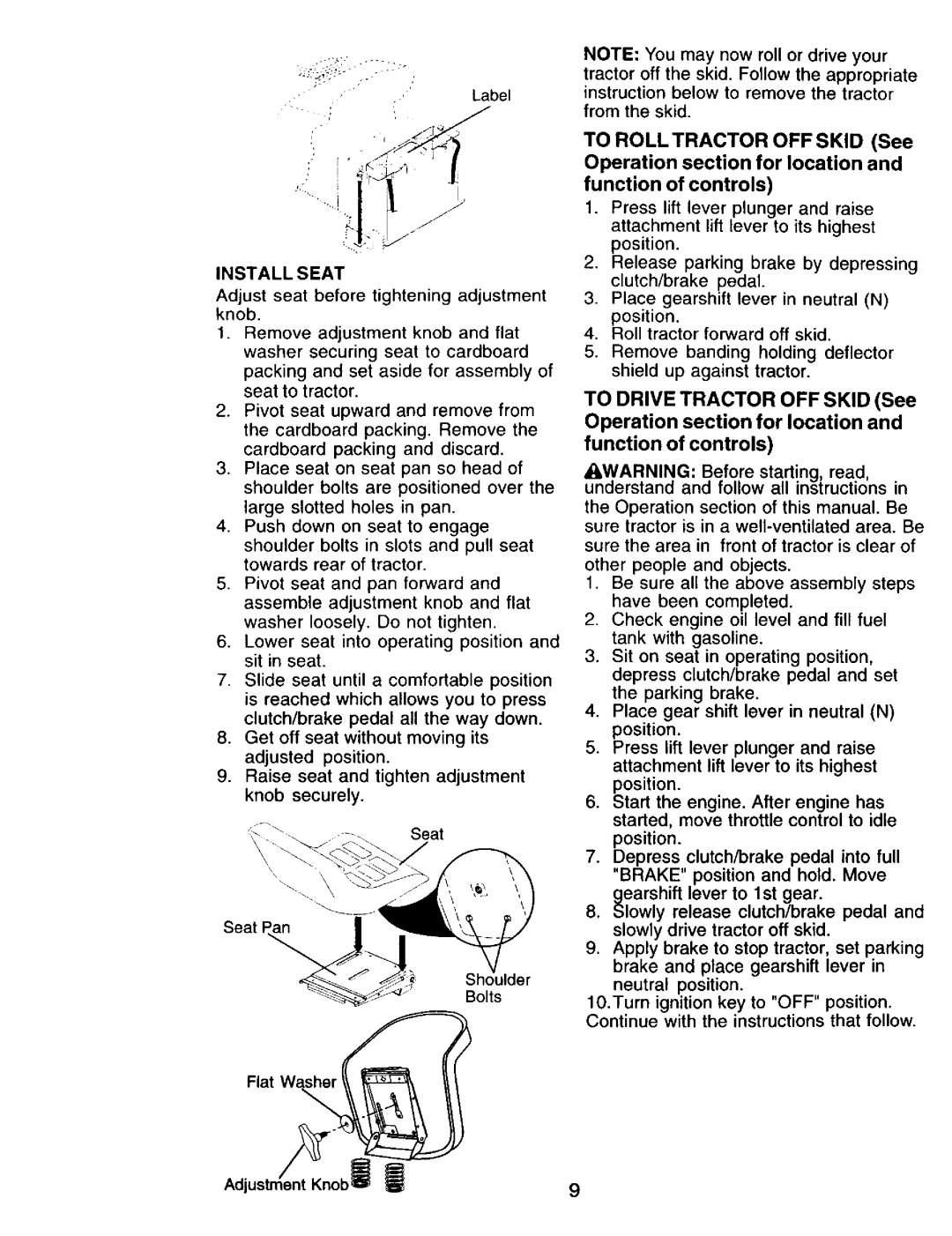 Craftsman 917.271815 owner manual Function of controls, Install Seat 