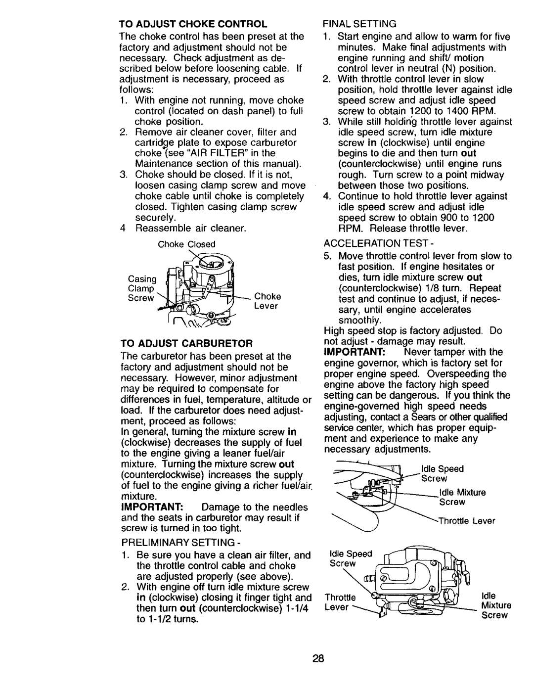 Craftsman 917.271815 owner manual To Adjust Choke Control, Throttle _ 
