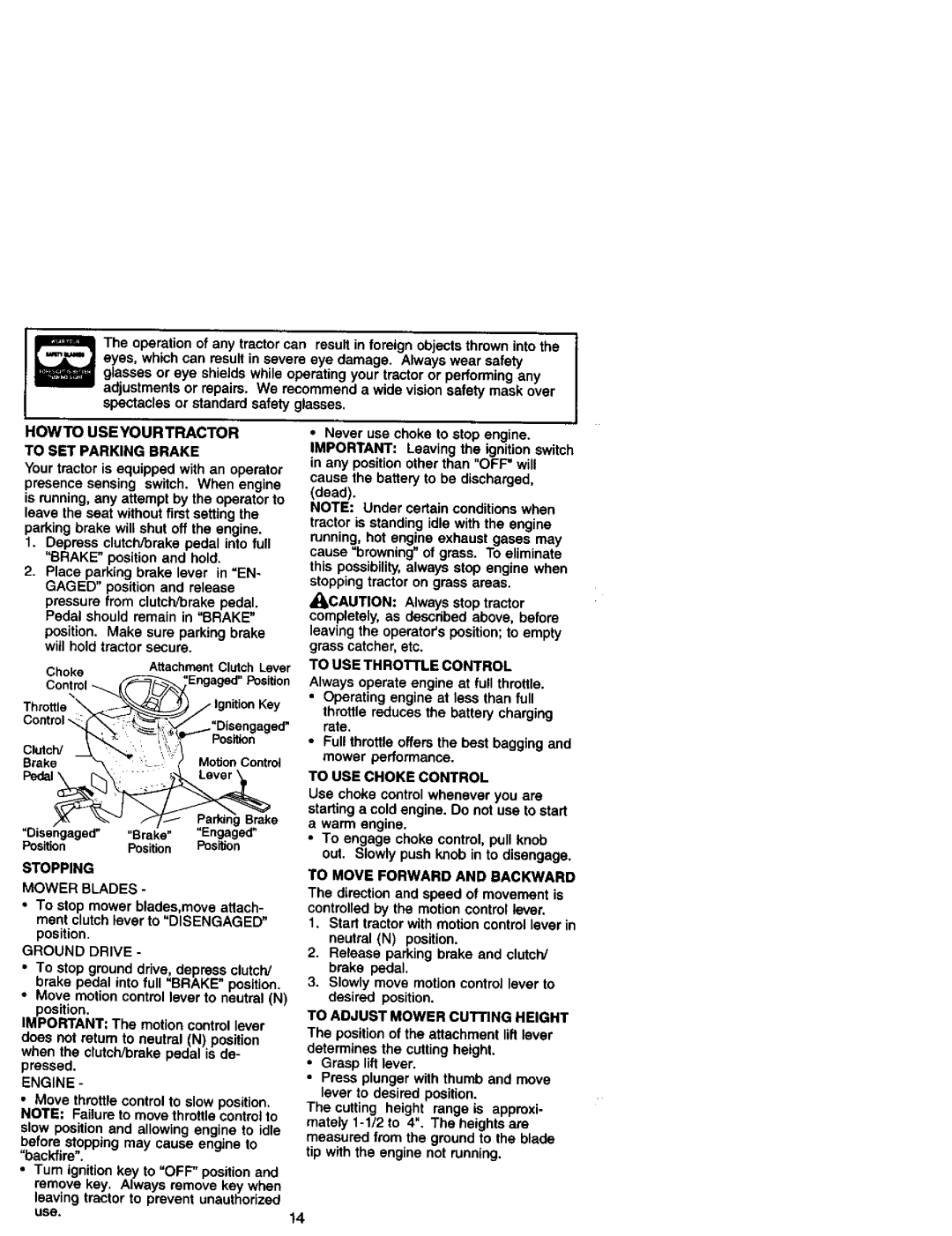 Craftsman 917.27182 manual Howto Useyourtractor To SET Parking Brake, Stopping Mower Blades, Ground Drive, Engine 