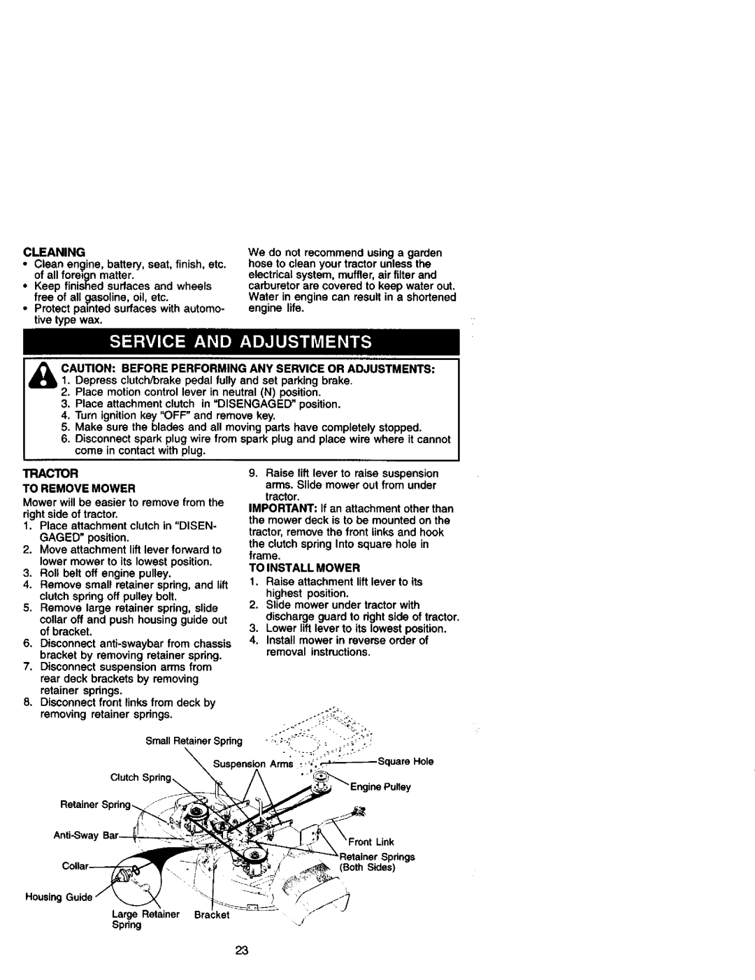 Craftsman 917.27182 manual Cleaning, Aution Before Performing ANY Service or Adjustments, Tractor To Remove Mower 