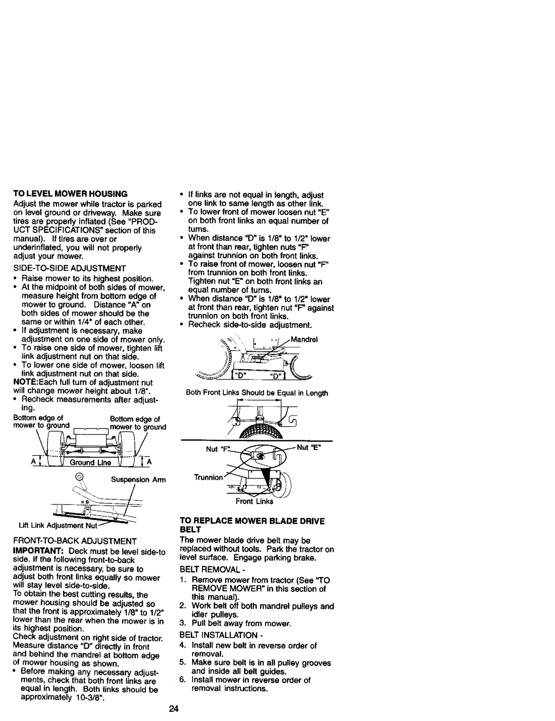 Craftsman 917.27182 manual To Level Mower Housing, SIDE-TO-SIDE Adjustment, To Replace Mower Blade Drive Belt, Belt Removal 