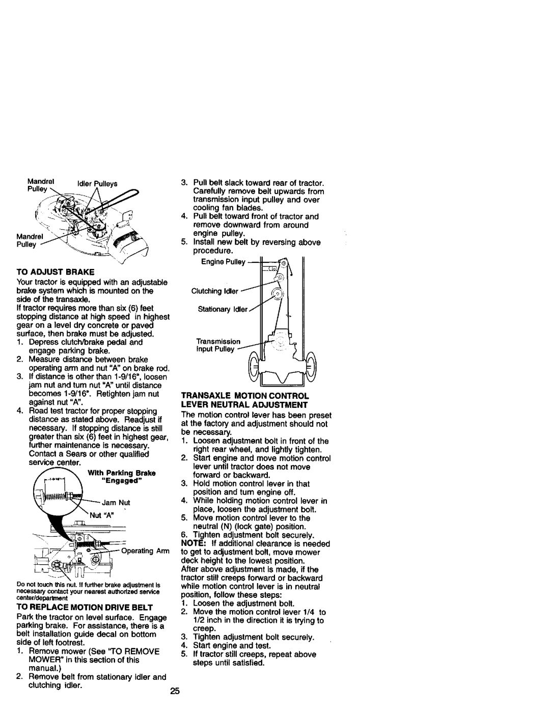 Craftsman 917.27182 manual To Adjust Brake, To Replace Motion Drive Belt, Transaxle Motion Control Lever Neutral Adjustment 