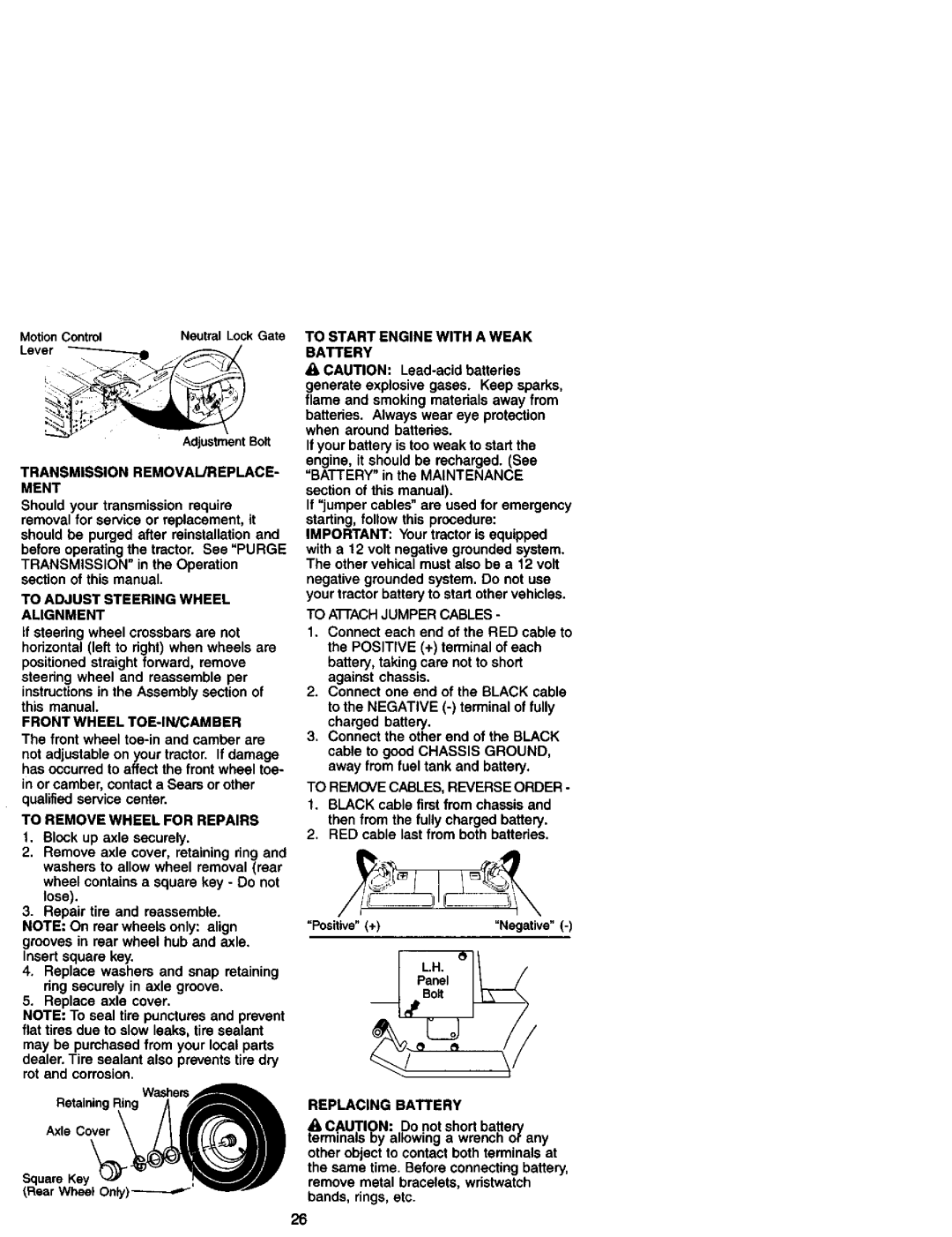 Craftsman 917.27182 To Start Engine with Weak, Transmission, Ment, To Adjust Steering Wheel, Alignment, Chassis Ground 