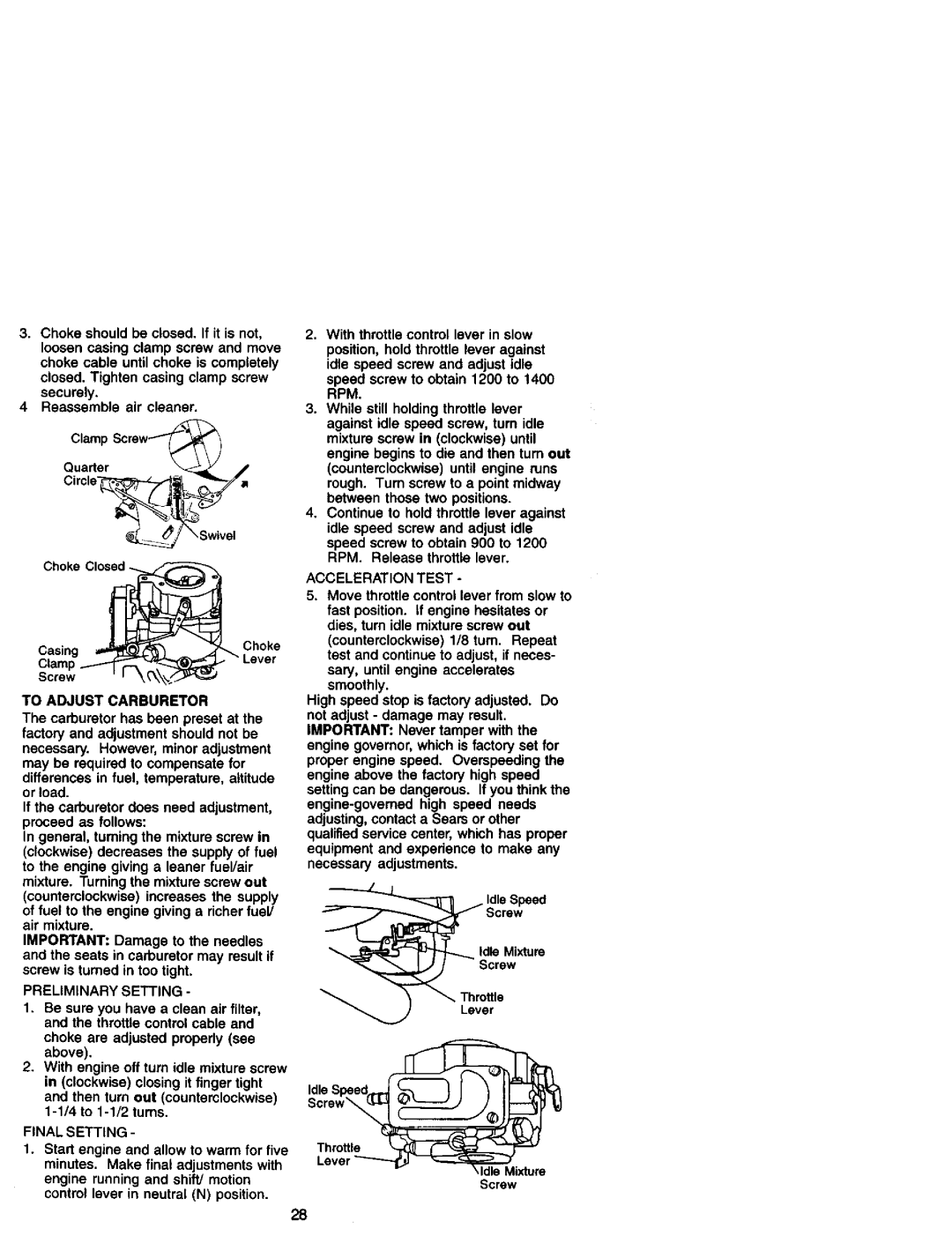 Craftsman 917.27182 manual To Adjust Carburetor, Preliminary Setting, Final Setting, Rpm, Acceleration Test 