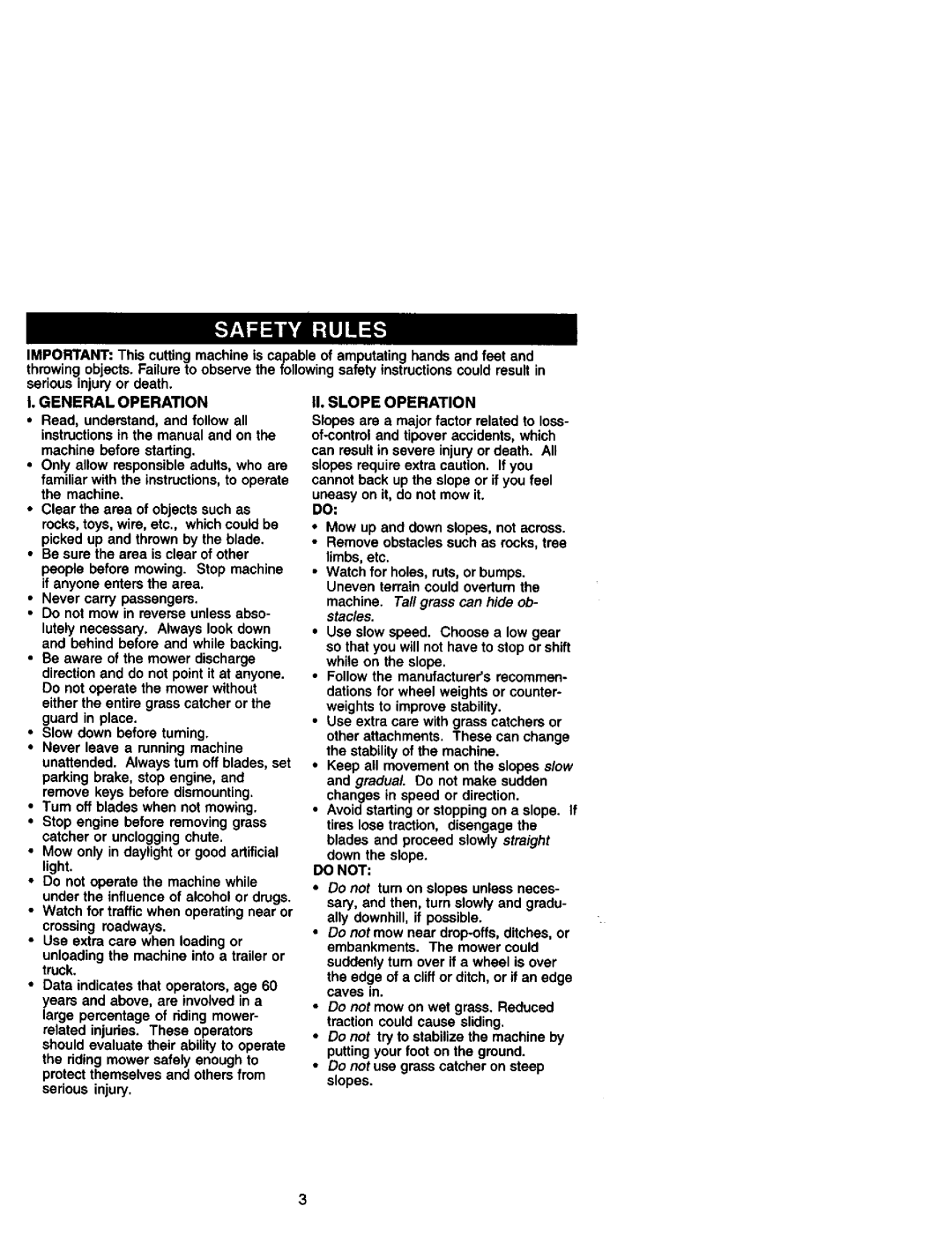 Craftsman 917.27182 manual General Operation, II. Slope Operation, Do not 