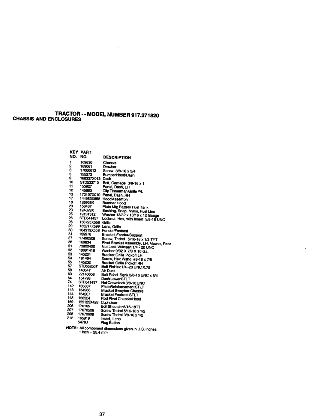 Craftsman manual Tractor - Model Number 917.271820 Chassis and Enclosures, KEY Part NO. NO.DESCRIPTION 