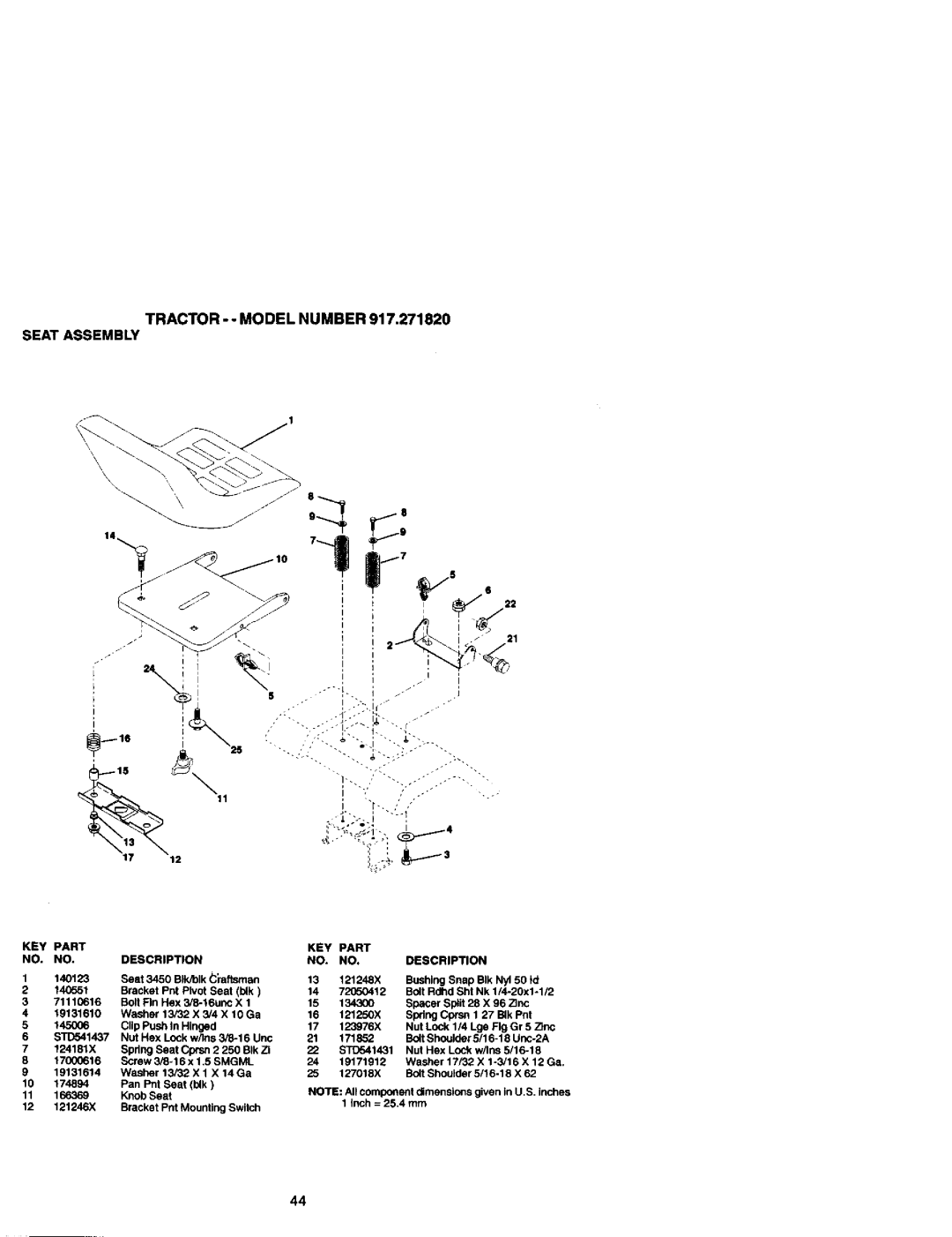 Craftsman manual Tractor MODELNUMBER917.271820, SEAT AssEMBLY 