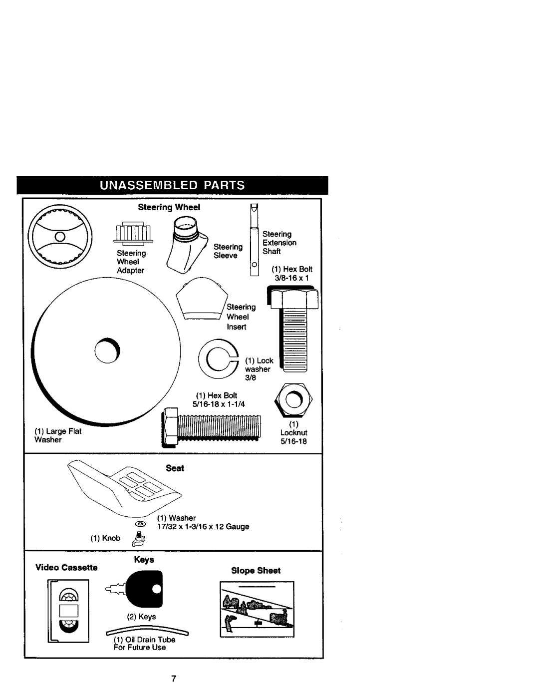 Craftsman 917.27182 manual Seat, Keys Video Cassette, Oil DrainTube, For FutureUse 