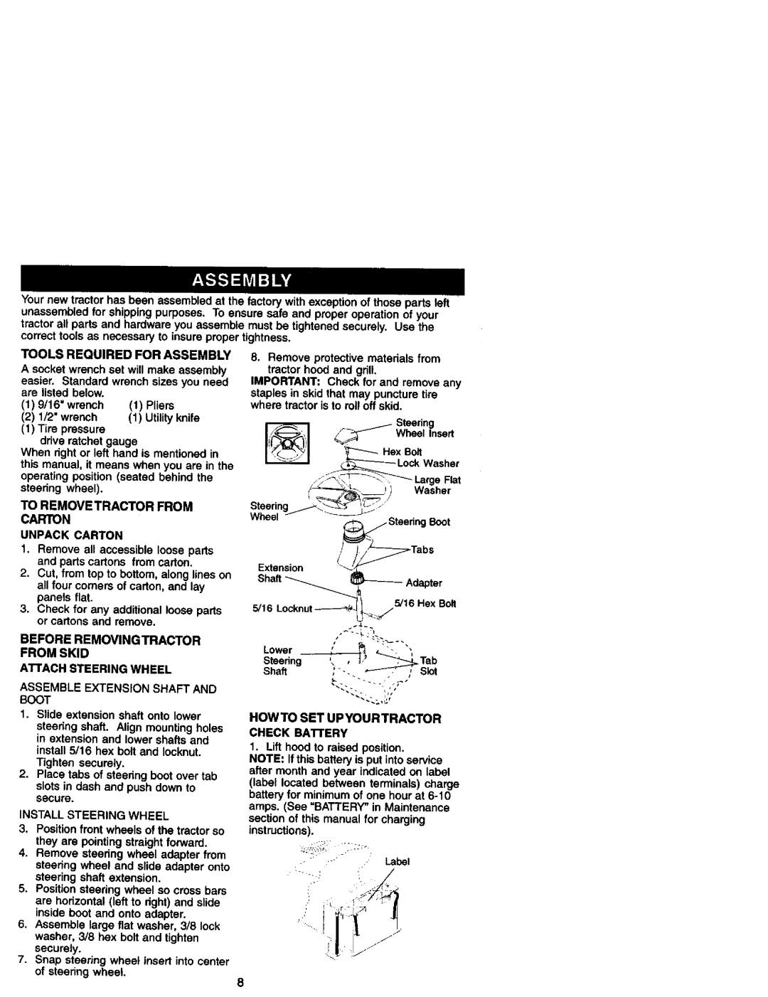 Craftsman 917.27182 manual Before Removing Tractor from Skid Attach Steering Wheel 