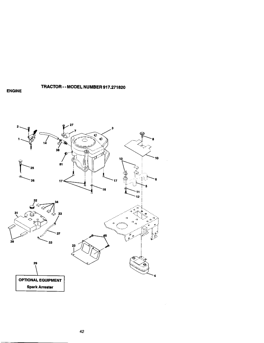 Craftsman 917.27182 manual TRACTOR - - MODEL NUMBER 917,271820, Engine, OPTIONAL EQUIPMENT Spark Arrester 