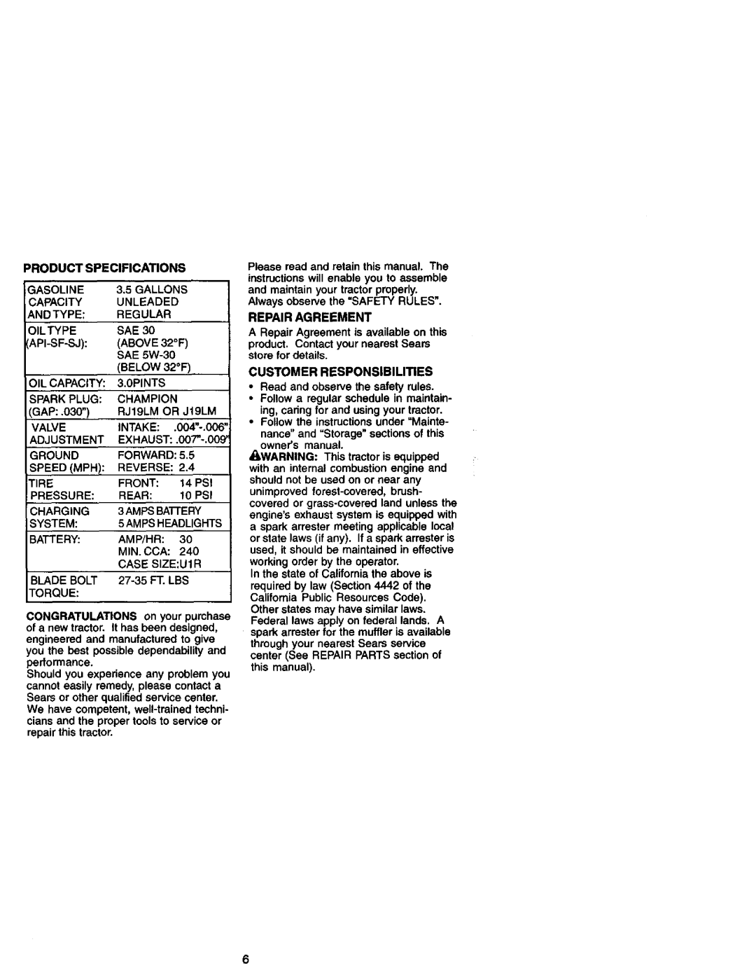 Craftsman 917.27182 Product Specifications, Please read and retain this manual. The, Repair Agreement, Gap 