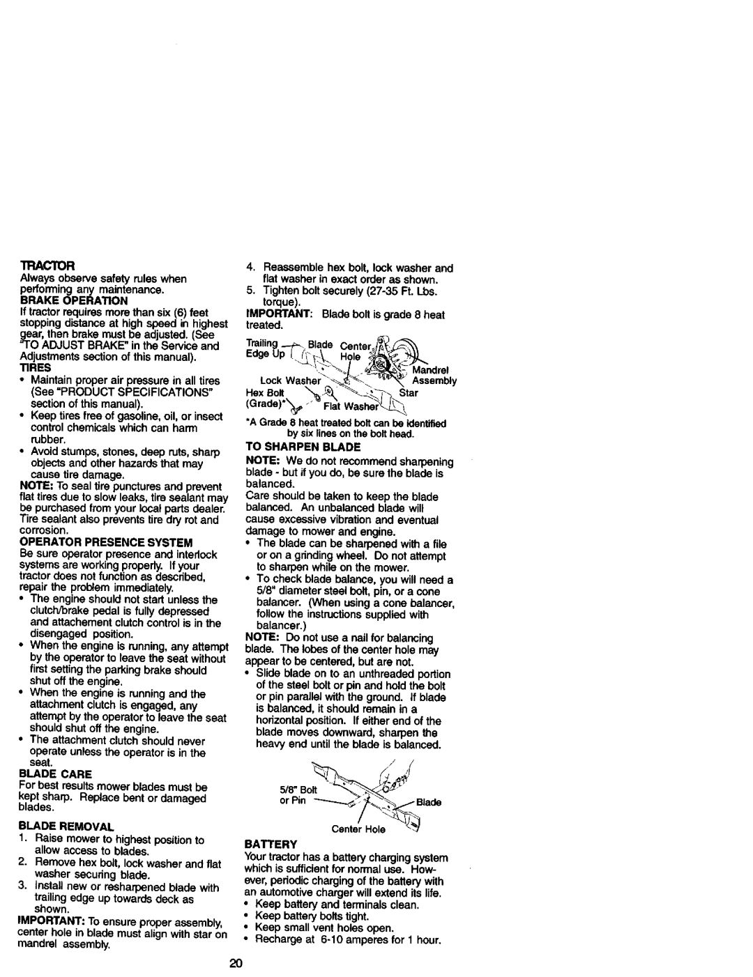 Craftsman 917.27184 Brake Operation, Tires, Operator Presence System, Blade Care, Blade Removal, To Sharpen Blade 