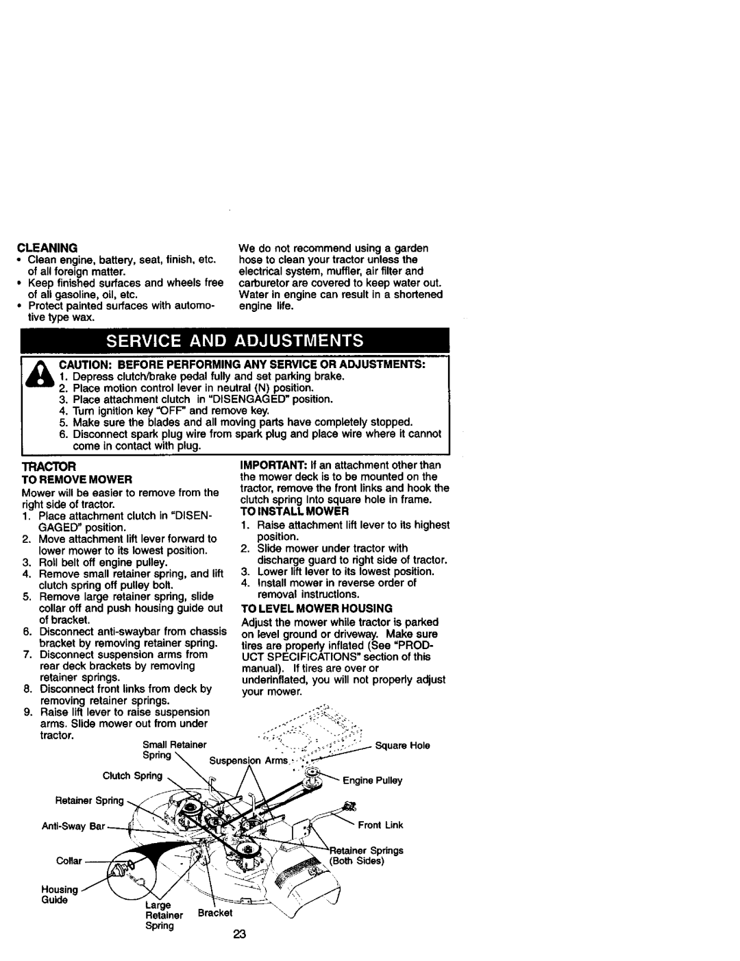 Craftsman 917.27184 owner manual Tractor, Cleaning, To Remove Mower, To Install Mower, To Level Mower Housing 