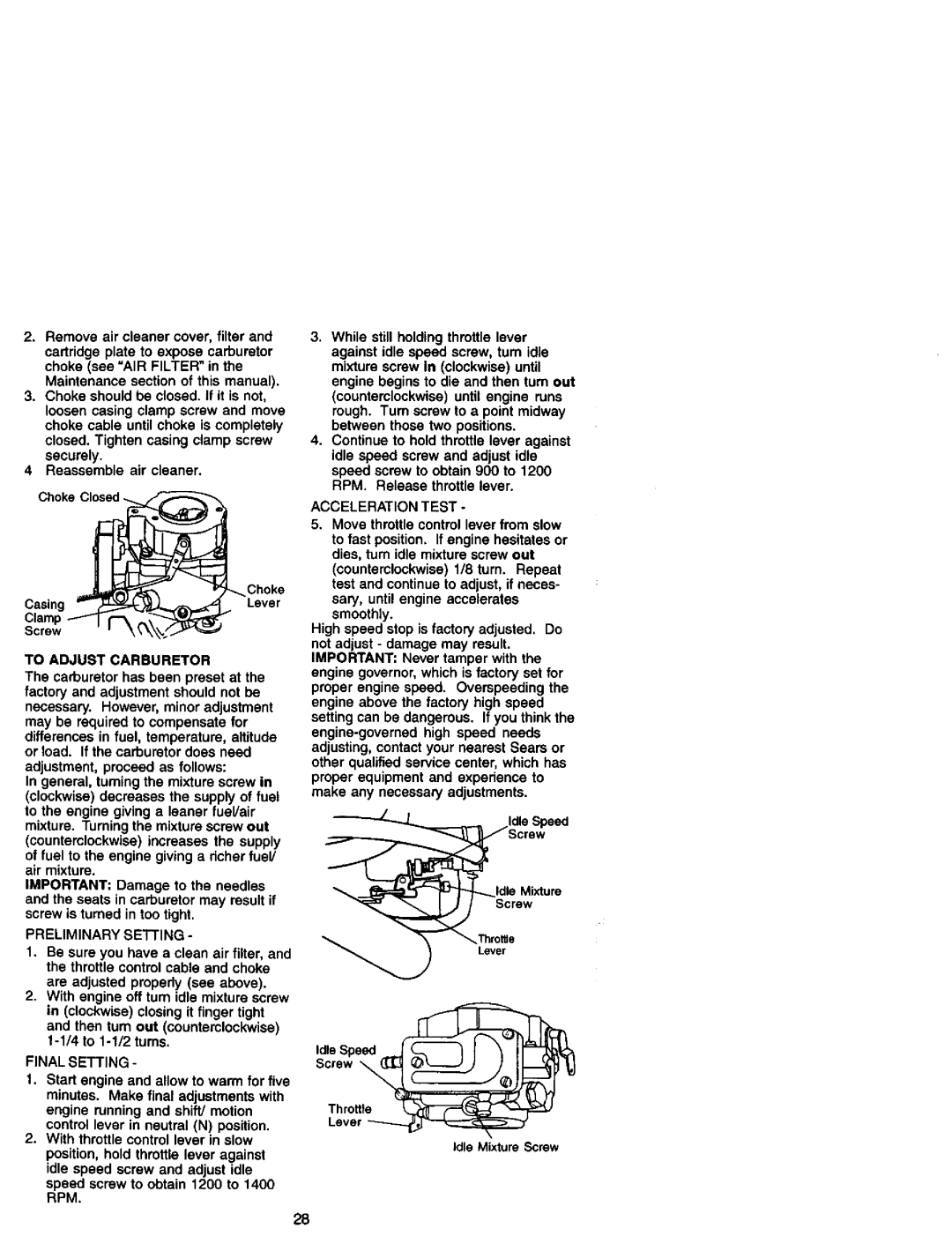 Craftsman 917.27184 owner manual To Adjust Carburetor, Preliminary Setting, Final Setting, Acceleration Test 