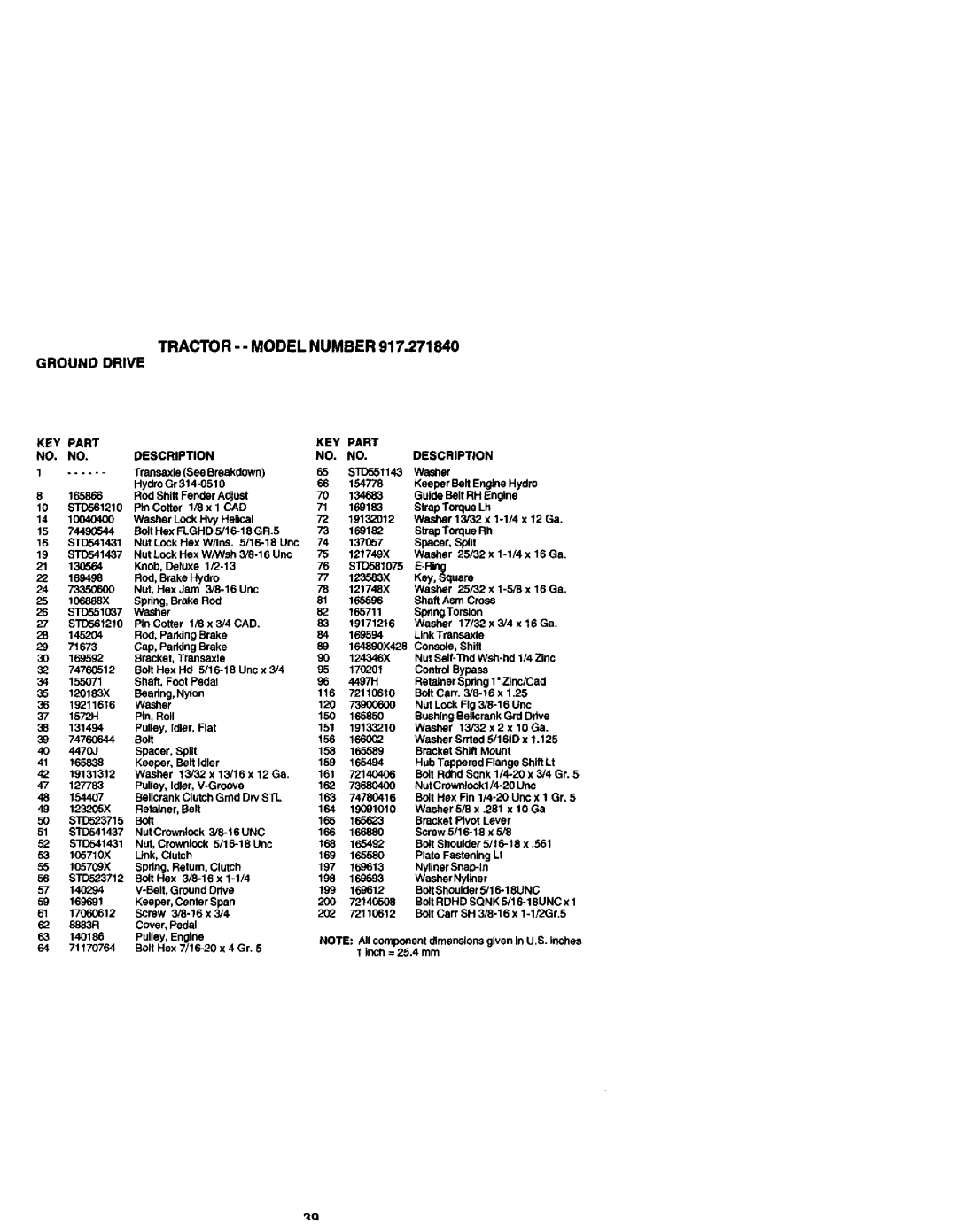 Craftsman 917.27184 owner manual Tractor - Model Number Ground Drive, KEY Part Description 