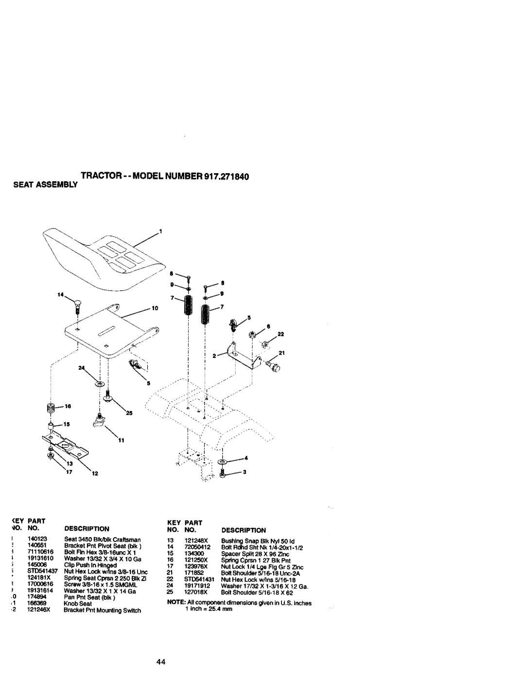 Craftsman owner manual TRACTOR--MODELNUMBER917.271840 Seatassembly, Part KEY Description 