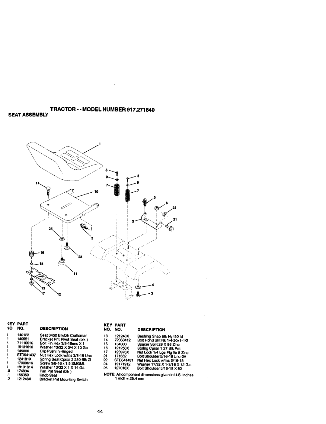Craftsman owner manual TRACTOR--MODELNUMBER917.271840 SEATASSEMBLY 