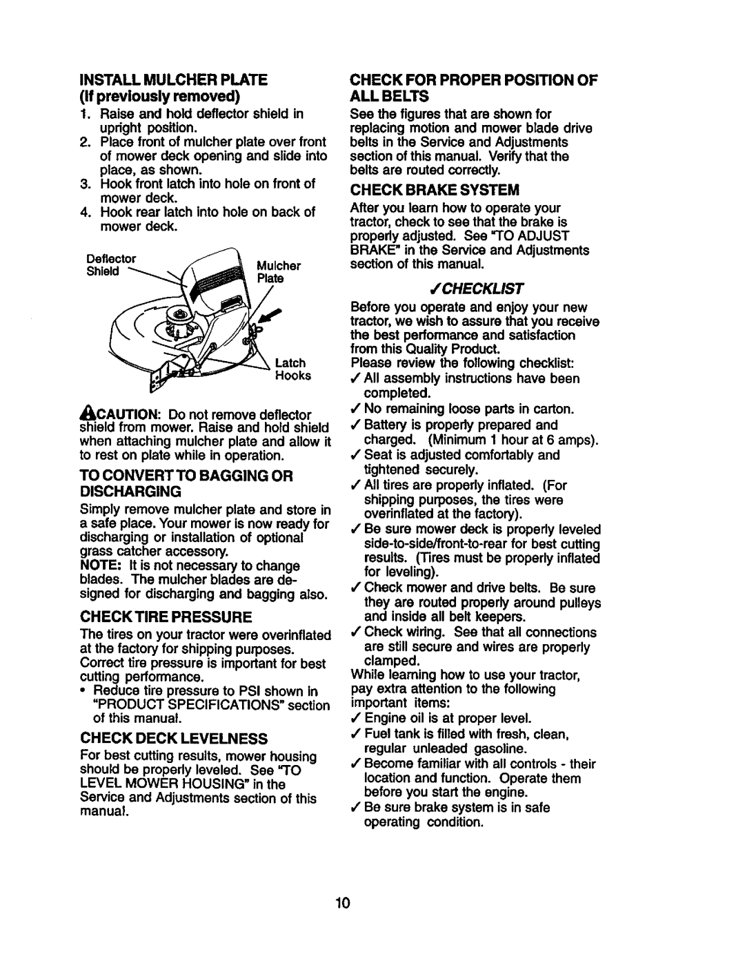 Craftsman 917.27191 To Convert to Bagging or Discharging, Check Tire Pressure, Check Deck Levelness, Check Brake System 