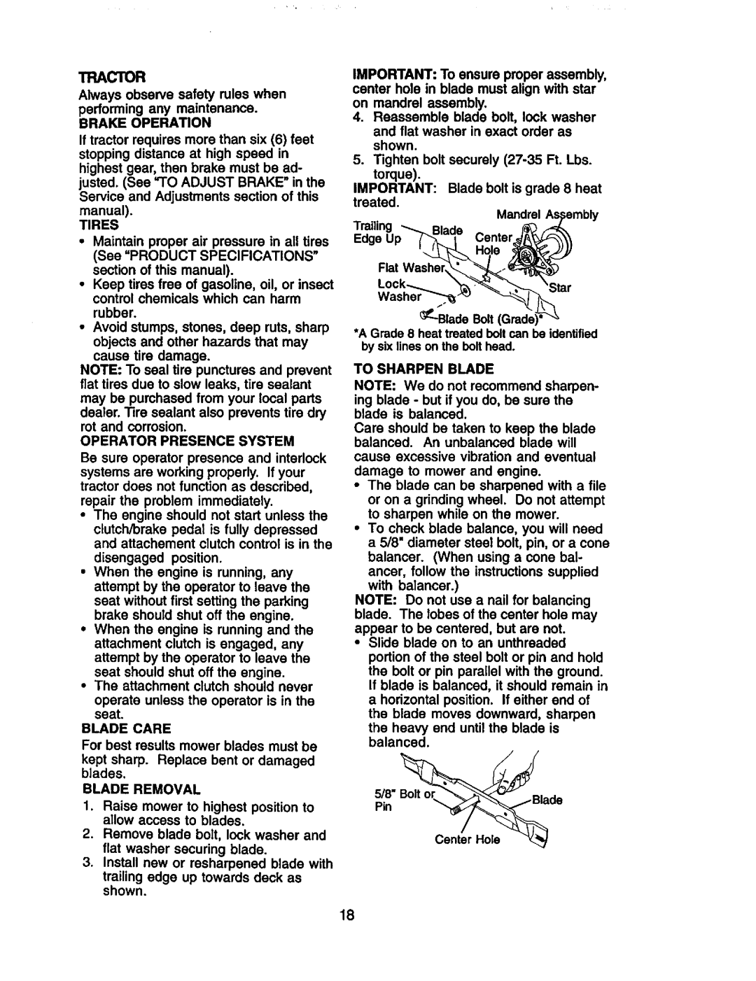 Craftsman 917.27191 Brake Operation, Tires, Operator Presence System, Blade Care, Blade Removal, To Sharpen Blade 