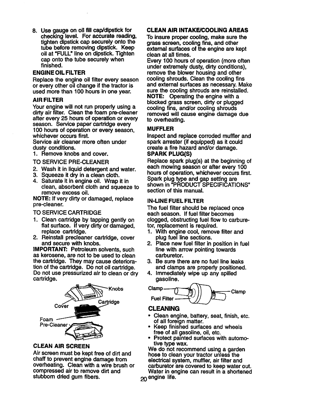 Craftsman 917.27191 owner manual Engine OIL Filter, Muffler, Spark Plugs, IN-LINE Fuel Filter, Cleaning 