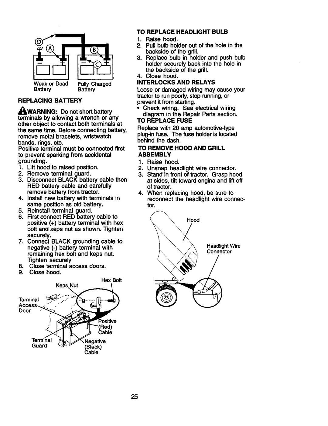 Craftsman 917.27191 To Remove Hood and Grill Assembly, Replacing Battery, To Replace Headlight Bulb, Interlocks and Relays 