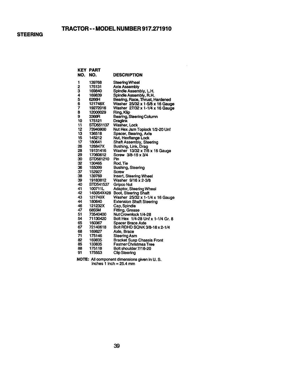 Craftsman 917.27191 owner manual Tractor - Model Number Steering, KEY Part Description 