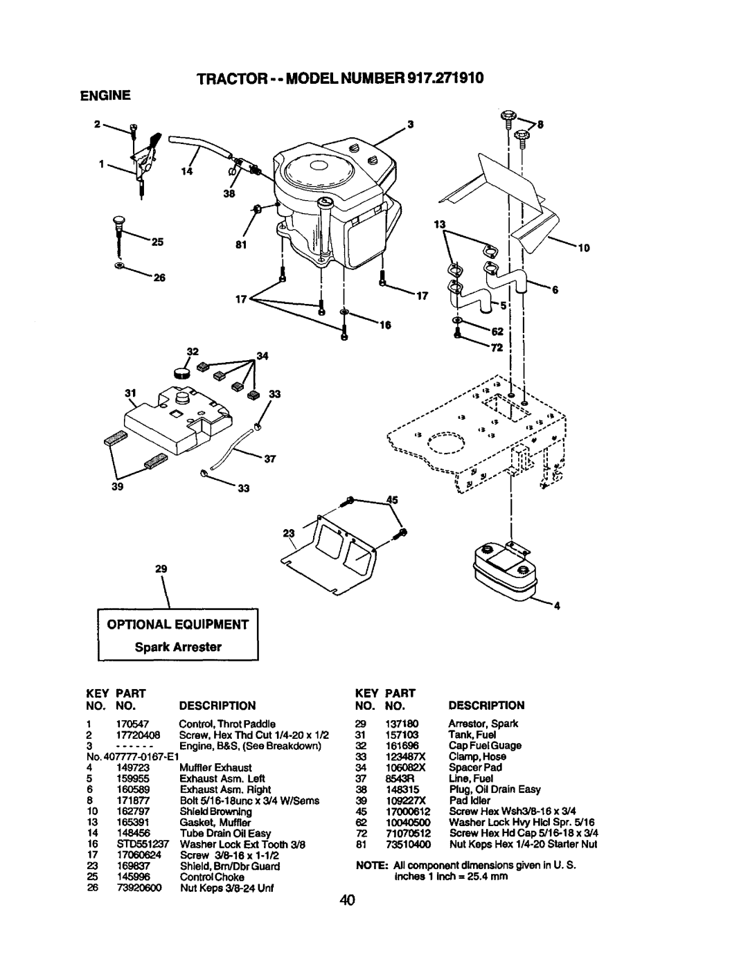 Craftsman 917.27191 owner manual Tractor - Model Number, Optional Equipment, KEY Part NO. NO. Description 