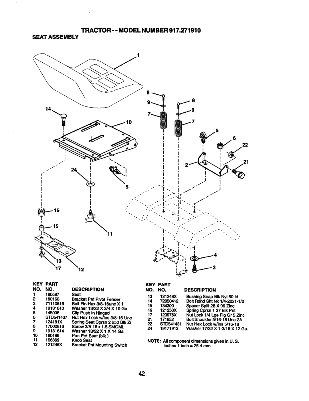 Craftsman 917.27191 owner manual Tractor - Model Number Seat Assembly 