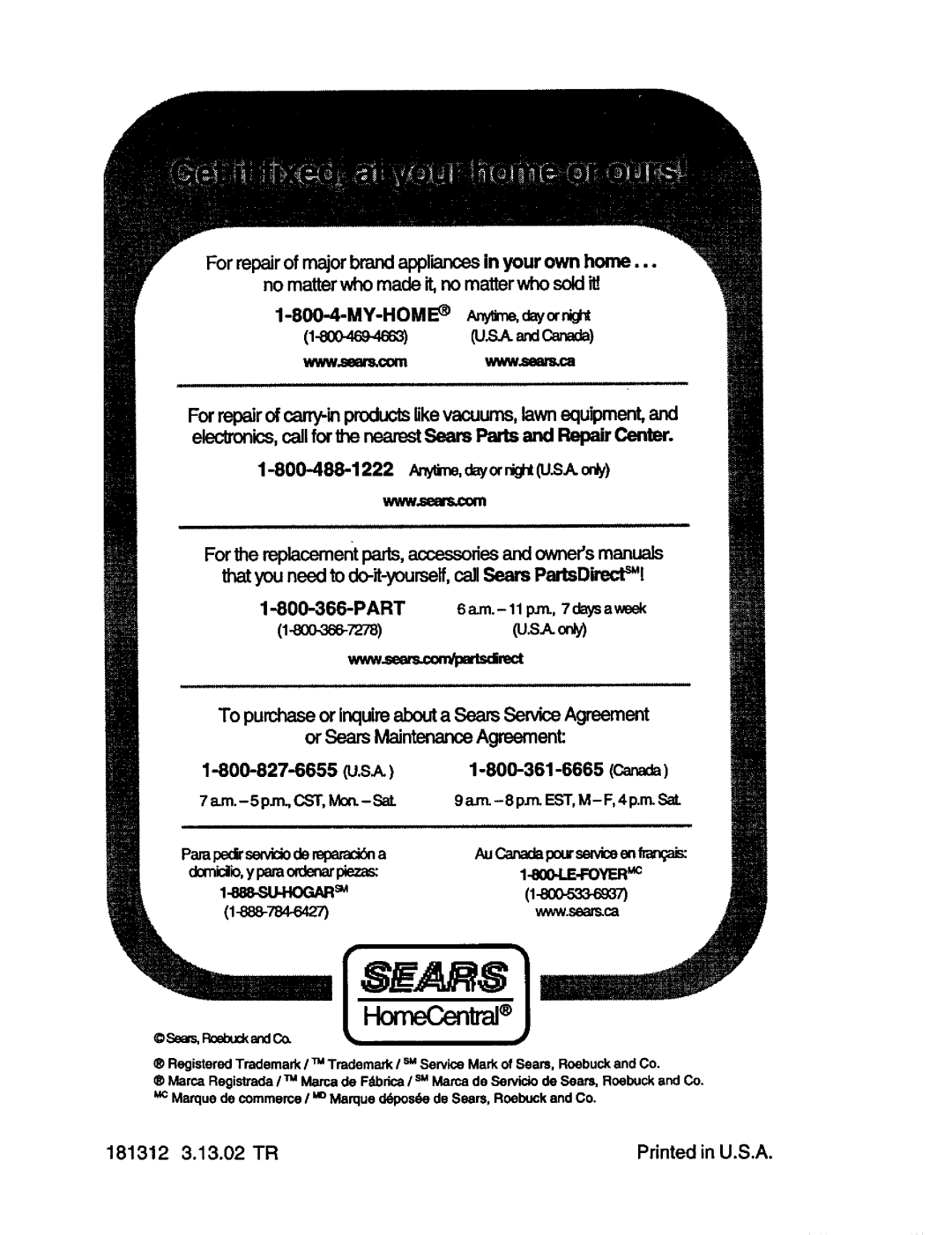 Craftsman 917.27191 owner manual Or Sears Maintenance Agreement Canada, 181312 3.13.02 TR 