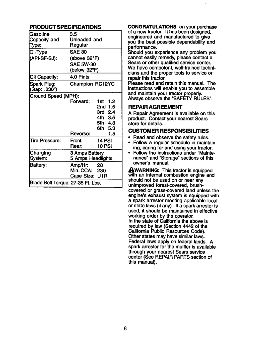 Craftsman 917.27191 owner manual Product Specifications, Repair Agreement, RC12YC, Uir 