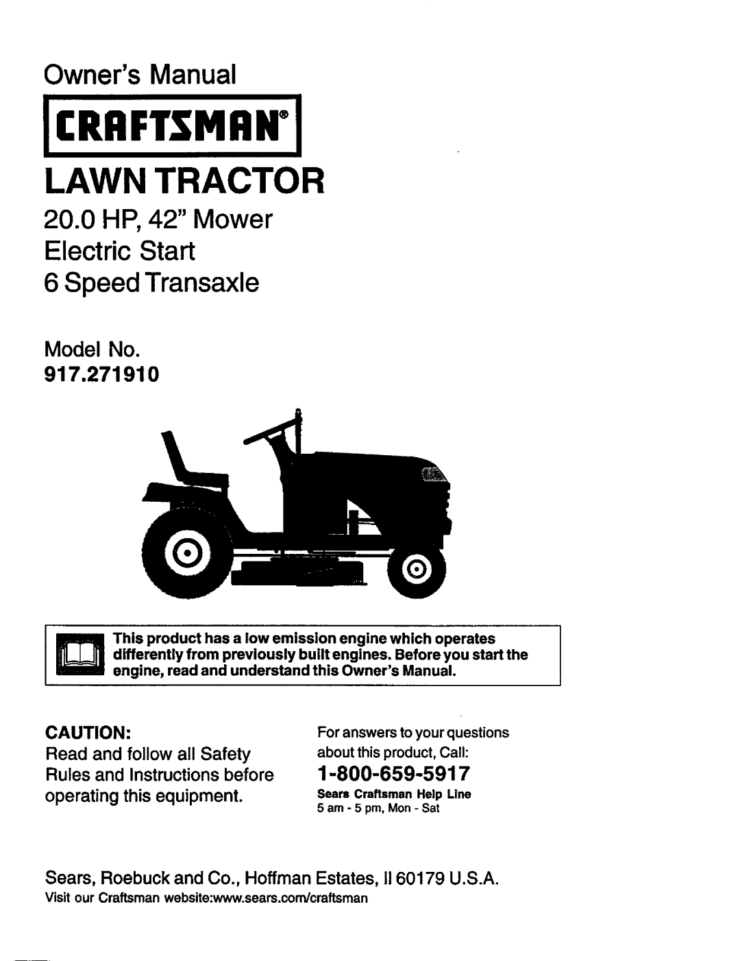 Craftsman owner manual Model No, Icraft.Tmani, Lawn Tractor, Owners Manual, 917.271910, 1-800-659-5917 