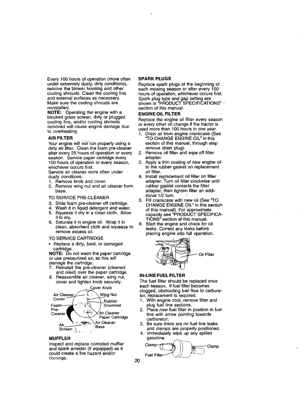 Craftsman 917.272051 owner manual AIR Filter, Muffler, Spark Plugs, Engine OIL Filter, IN-LINE Fuel Filter 