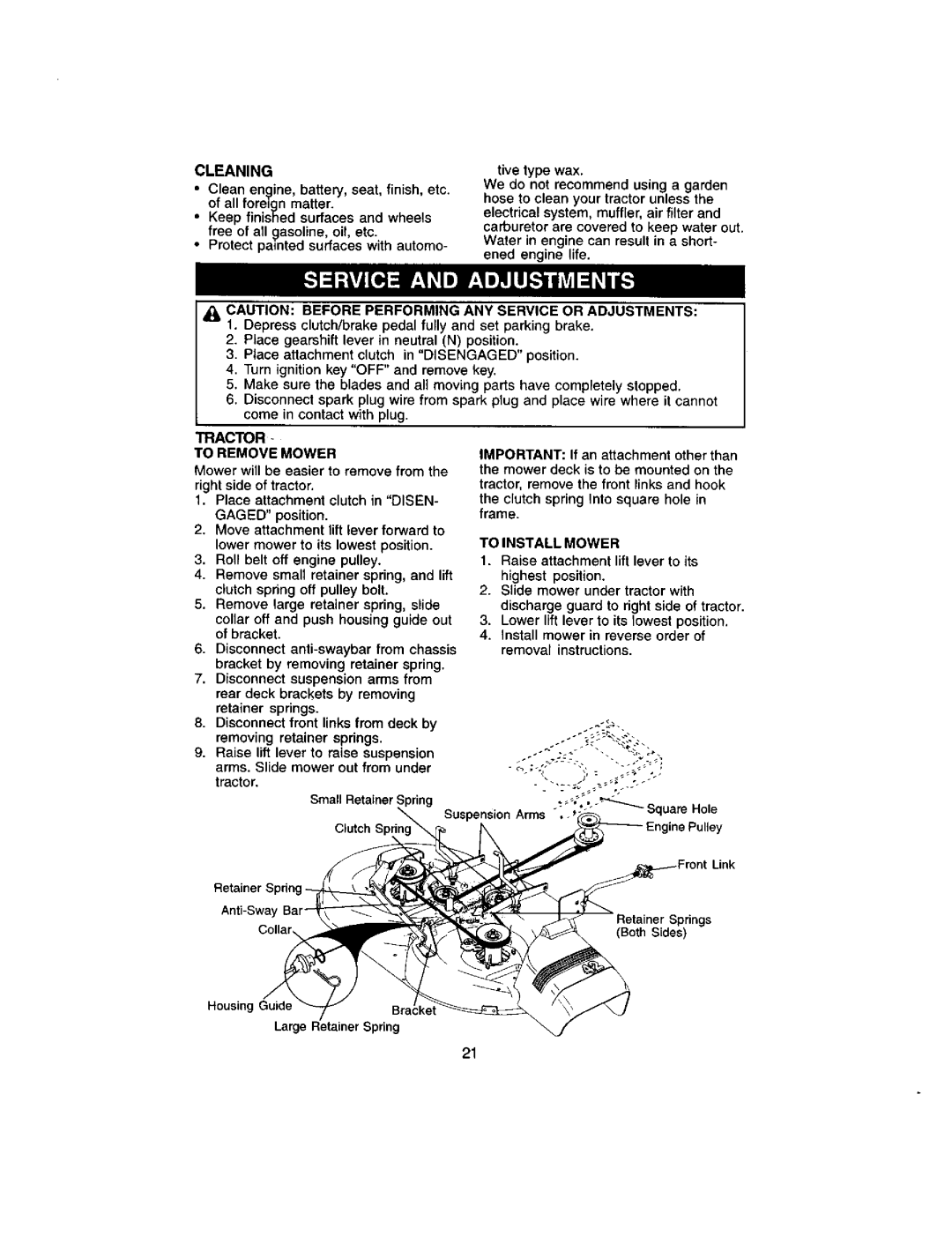 Craftsman 917.272051 Cleaning, To Remove Mower, To Install Mower, Raise attachment lift lever to its highest position 