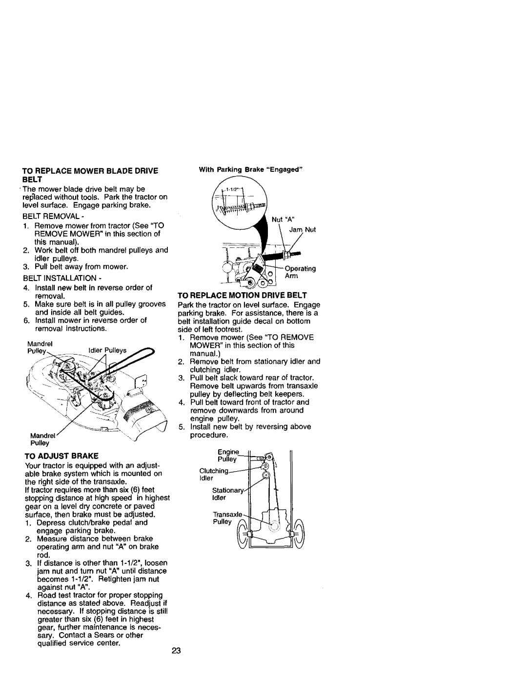Craftsman 917.272051 owner manual To Replace Mower Blade Drive Belt, Belt Removal, Belt Installation, To Adjust Brake 