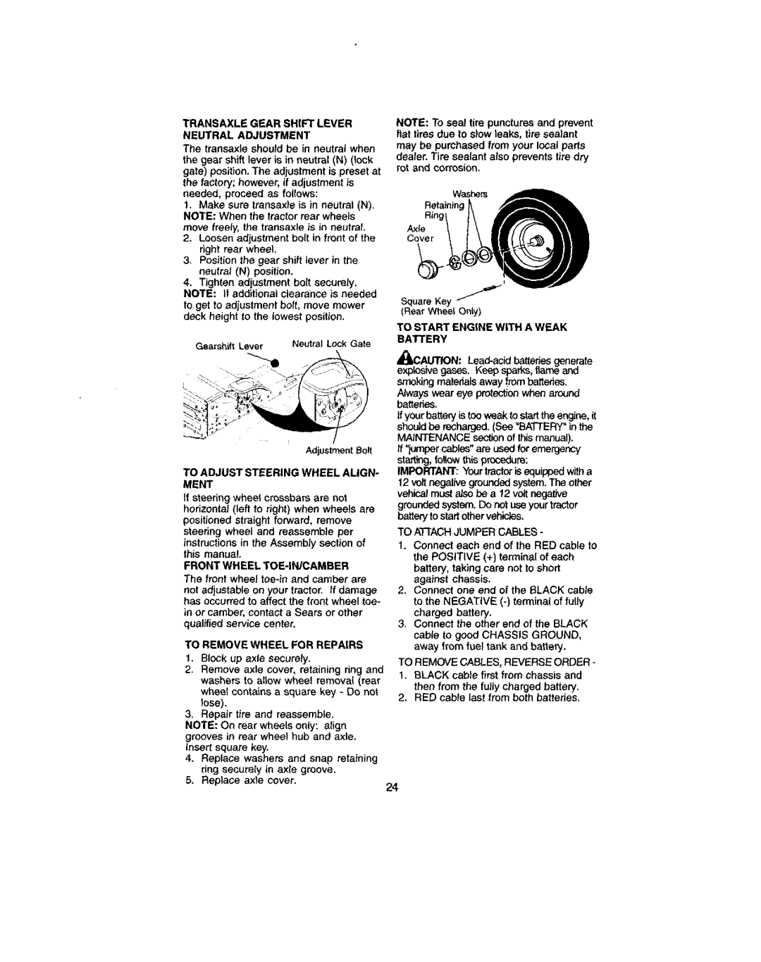 Craftsman 917.272051 owner manual To Start Engine with a Weak Battery, Transaxle Gear Shift Lever Neutral Adjustment 