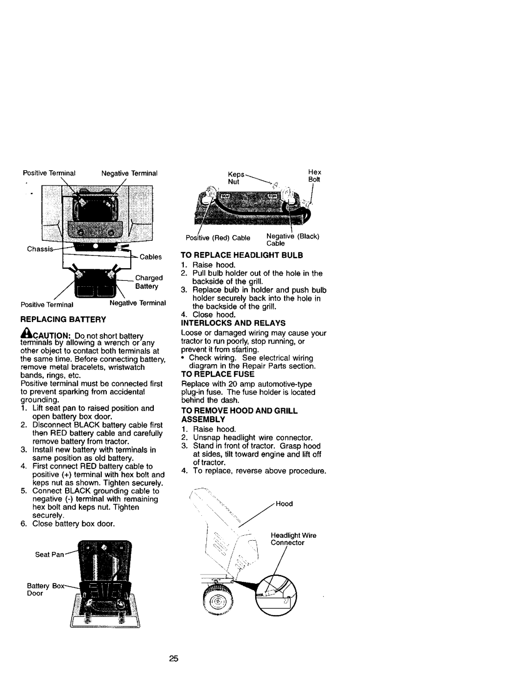 Craftsman 917.272051 owner manual Replacing Battery, To Replace Headlight Bulb, Interlocks and Relays, To Replace Fuse 