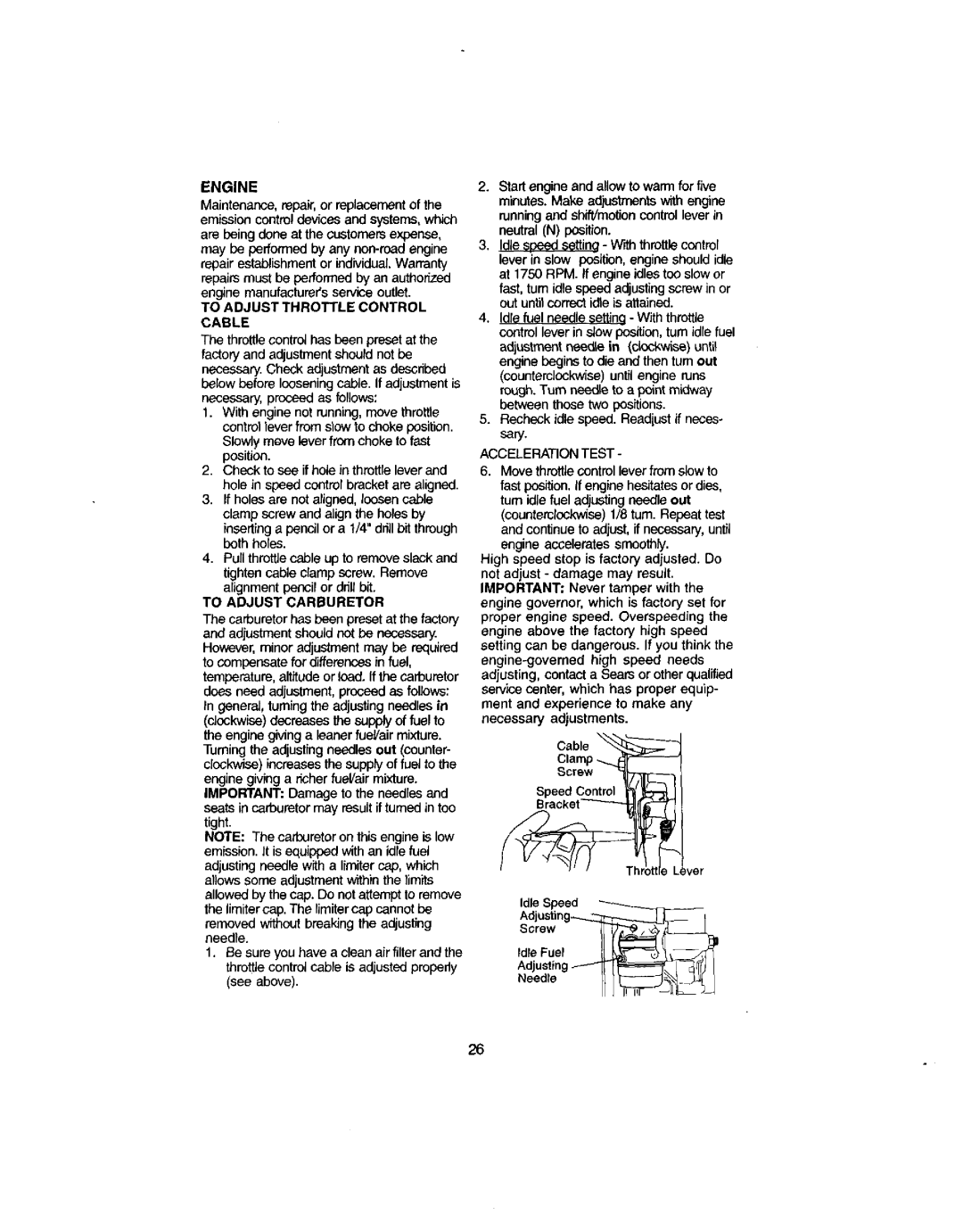 Craftsman 917.272051 owner manual Cable, To Adjust Carburetor, Bracket, Adjusting 