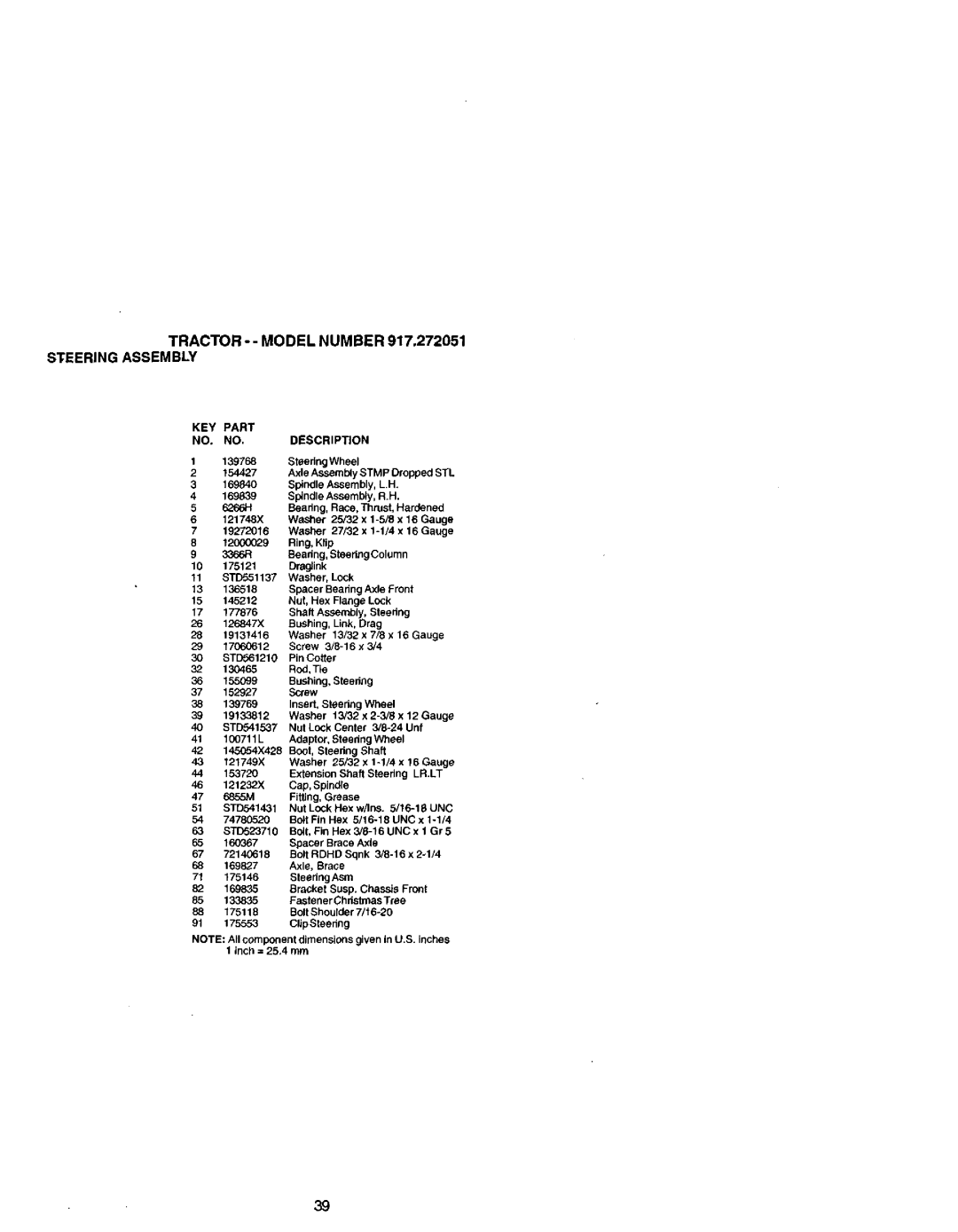 Craftsman 917.272051 owner manual TRACTOR- Model Number Steering Assembly, KEY Part Description 