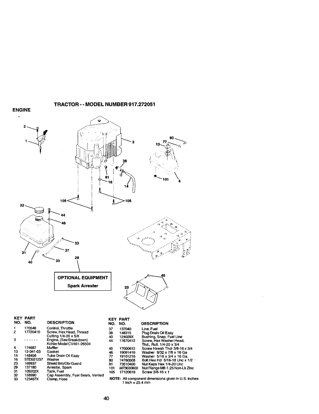 Craftsman 917.272051 owner manual TRACTOR-- Model Number, Spark Arrester 