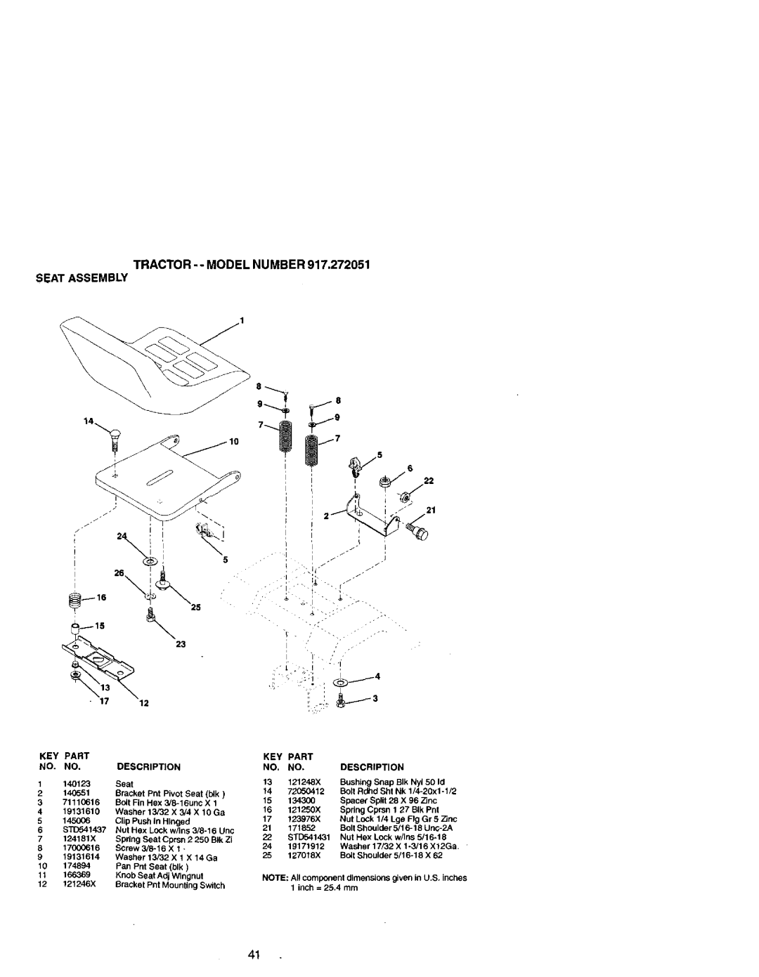 Craftsman 917.272051 owner manual TRACTOR- Model Number Seat Assembly 