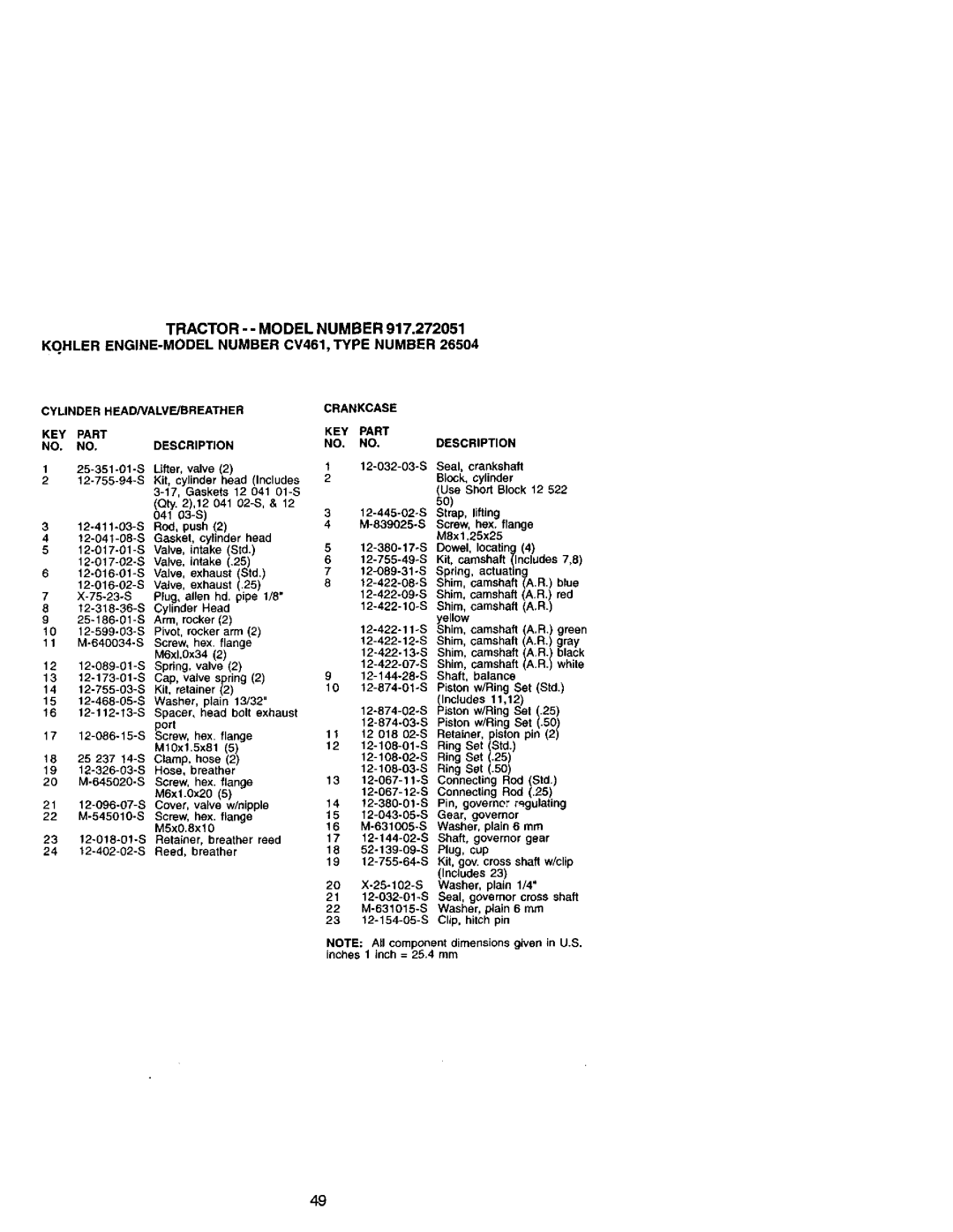 Craftsman 917.272051 owner manual Valve, exhaust Std 