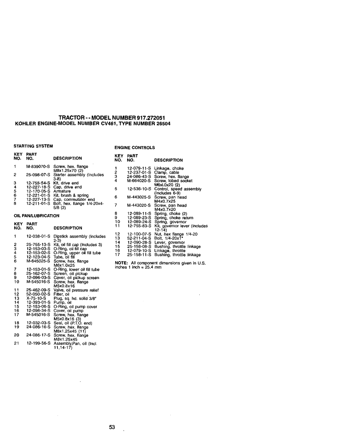 Craftsman 917.272051 Starting System KEY Part Description, OIL PAN/LUBRICATION KEY Part Description, Engine Controls KEY 