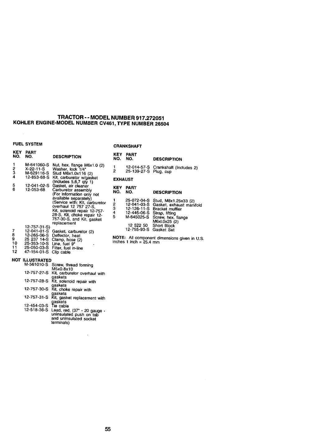 Craftsman 917.272051 owner manual Fuel System KEY Part Description, Exhaust KEY Part Description 