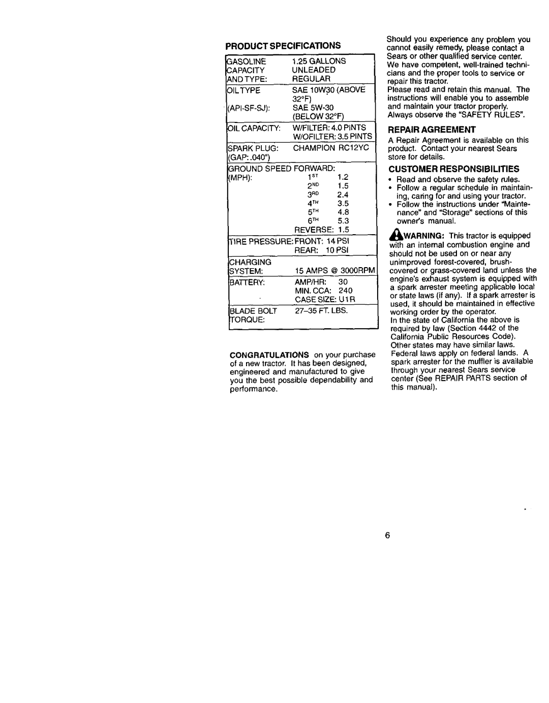 Craftsman 917.272051 owner manual Product Specifications, Park Plug, Repair Agreement, Customer Responsibilities 