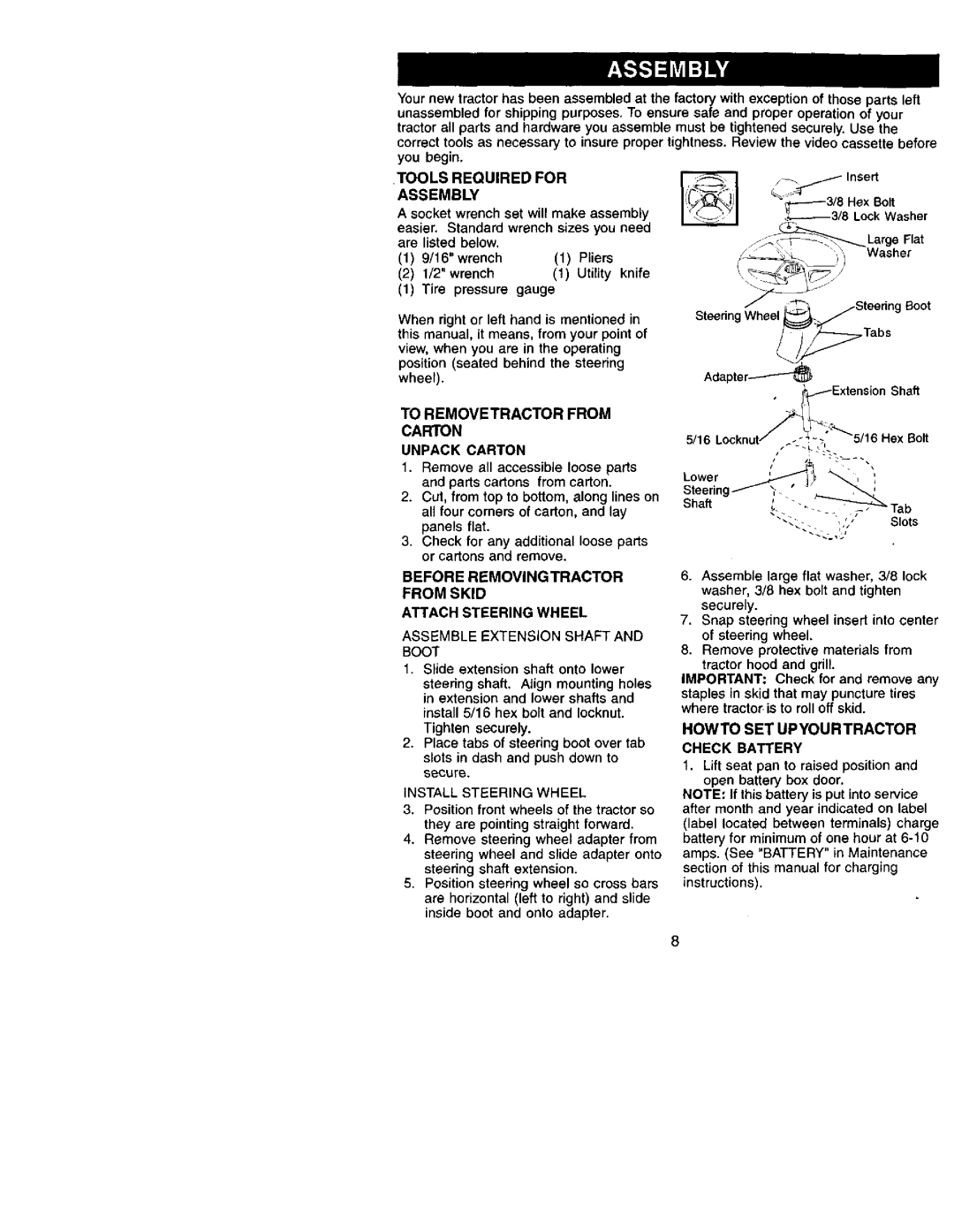 Craftsman 917.272051 owner manual Before Removingtractor from Skid Attach Steering Wheel, Tools Required for Assembly 