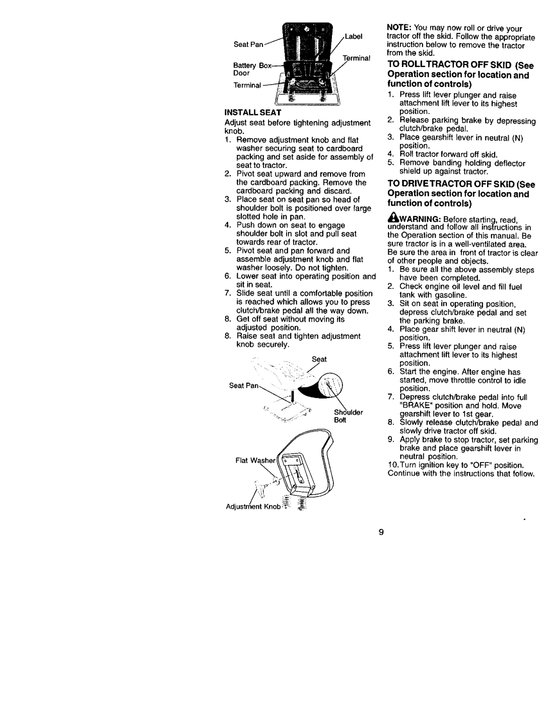 Craftsman 917.272051 owner manual Install Seat, Adjust seat before tightening adjustment knob, To Drivetractor OFF Skid 