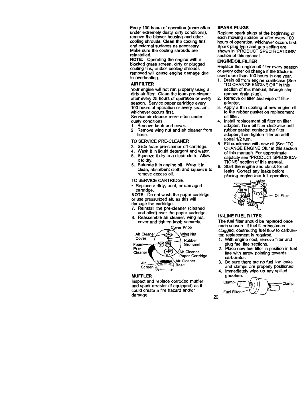 Craftsman 917.272054 owner manual AIR Filter, To Service Cartridge, Engine OIL Filter, IN-LINE Fuel Filter, Muffler 