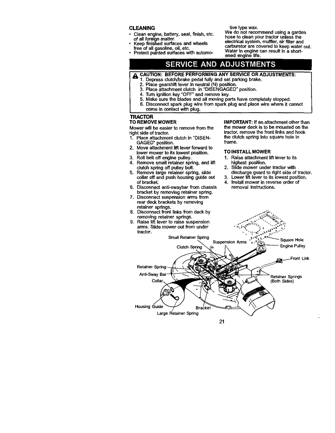 Craftsman 917.272054 Cleaning, To Remove Mower, To Install Mower, Raise attachment lift lever to its highest position 