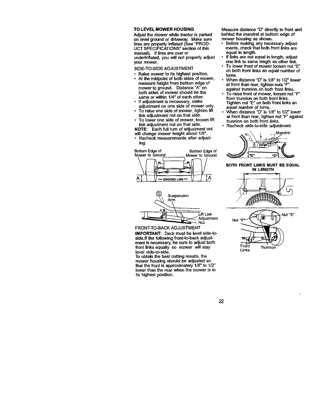 Craftsman 917.272054 owner manual To Level Mower Housing, SIDE-TO-SIDE Adjustment 