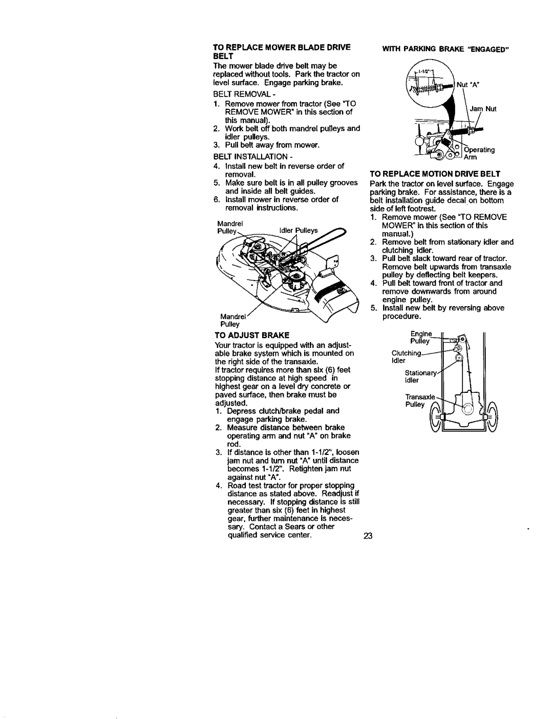 Craftsman 917.272054 owner manual To Replace Mower Blade Drive Belt, Pulley, To Replace Motion Drive Belt, To Adjust Brake 